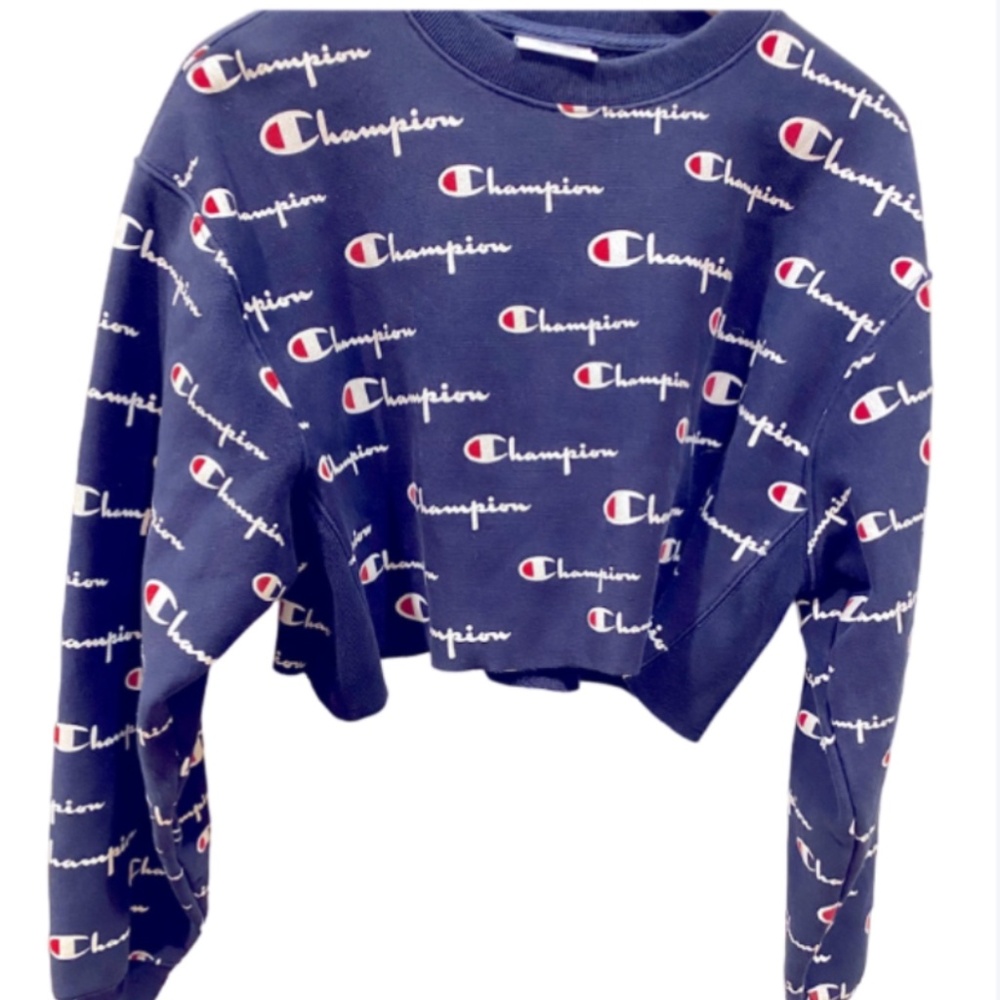 Champion Reverse Weave Cropped Cut-Off Sweatshirt Navy Blue Logo Size M